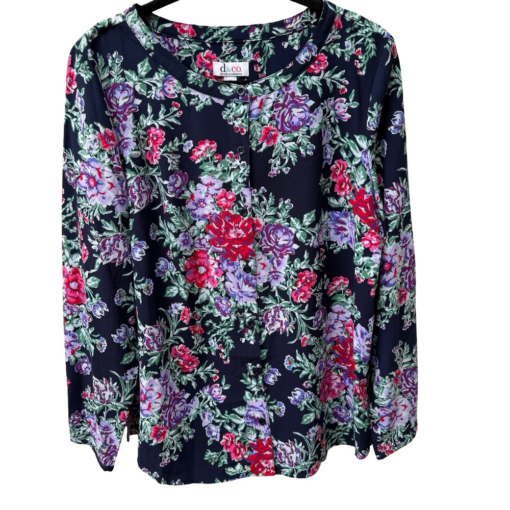 Denim & Co Cottagecore Grandma Core Dark Floral Tunic Peasant Blouse Navy M